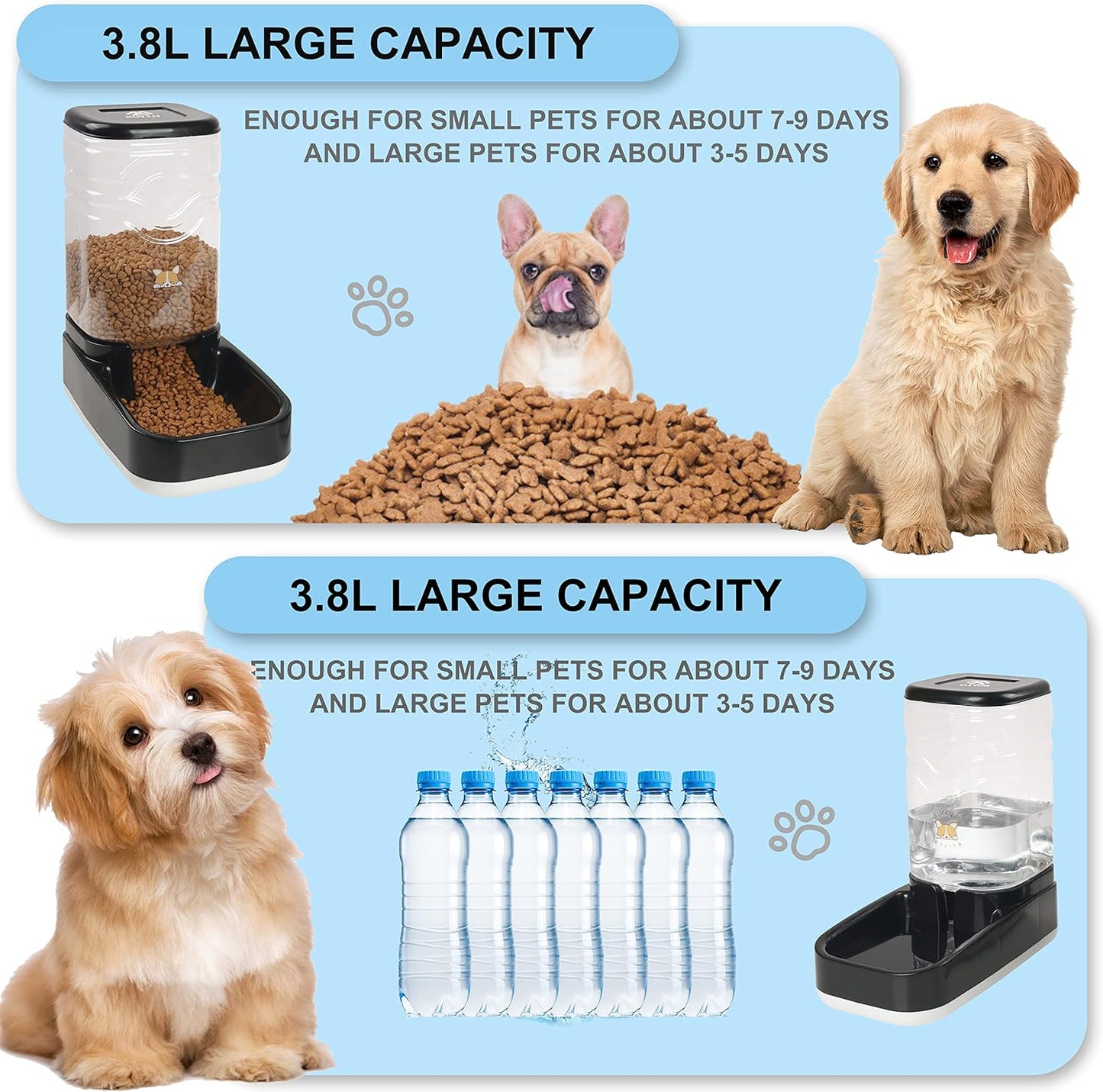 Automatic Cat Feeder, Gravity Food and Water Dispenser Bowl Set for Small Medium Dogs Animals, Pet Feeder Dispenser Storage Food, 3.8L Large Capacity, Black