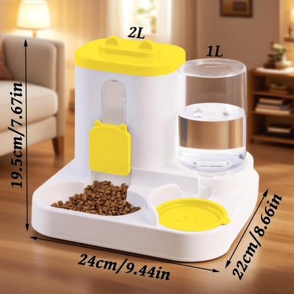 Cat Feeder and Water Dispenser, 2 in 1 Automatic Cat Feeder, 2 Pack Large Capacity Self Feeding for Small Medium Dog Puppy Kitten （Yellow）