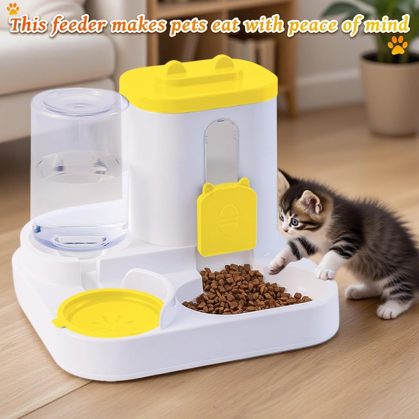 Cat Feeder and Water Dispenser, 2 in 1 Automatic Cat Feeder, 2 Pack Large Capacity Self Feeding for Small Medium Dog Puppy Kitten （Yellow）