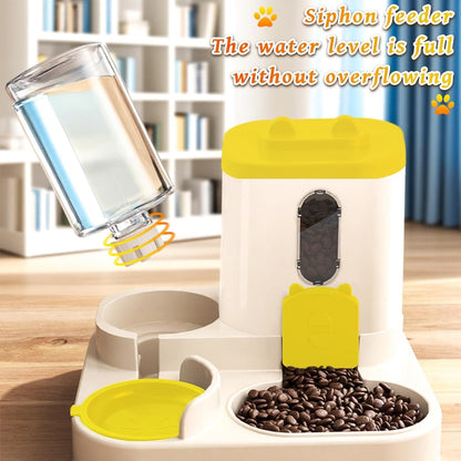 Cat Feeder and Water Dispenser, 2 in 1 Automatic Cat Feeder, 2 Pack Large Capacity Self Feeding for Small Medium Dog Puppy Kitten （Yellow）