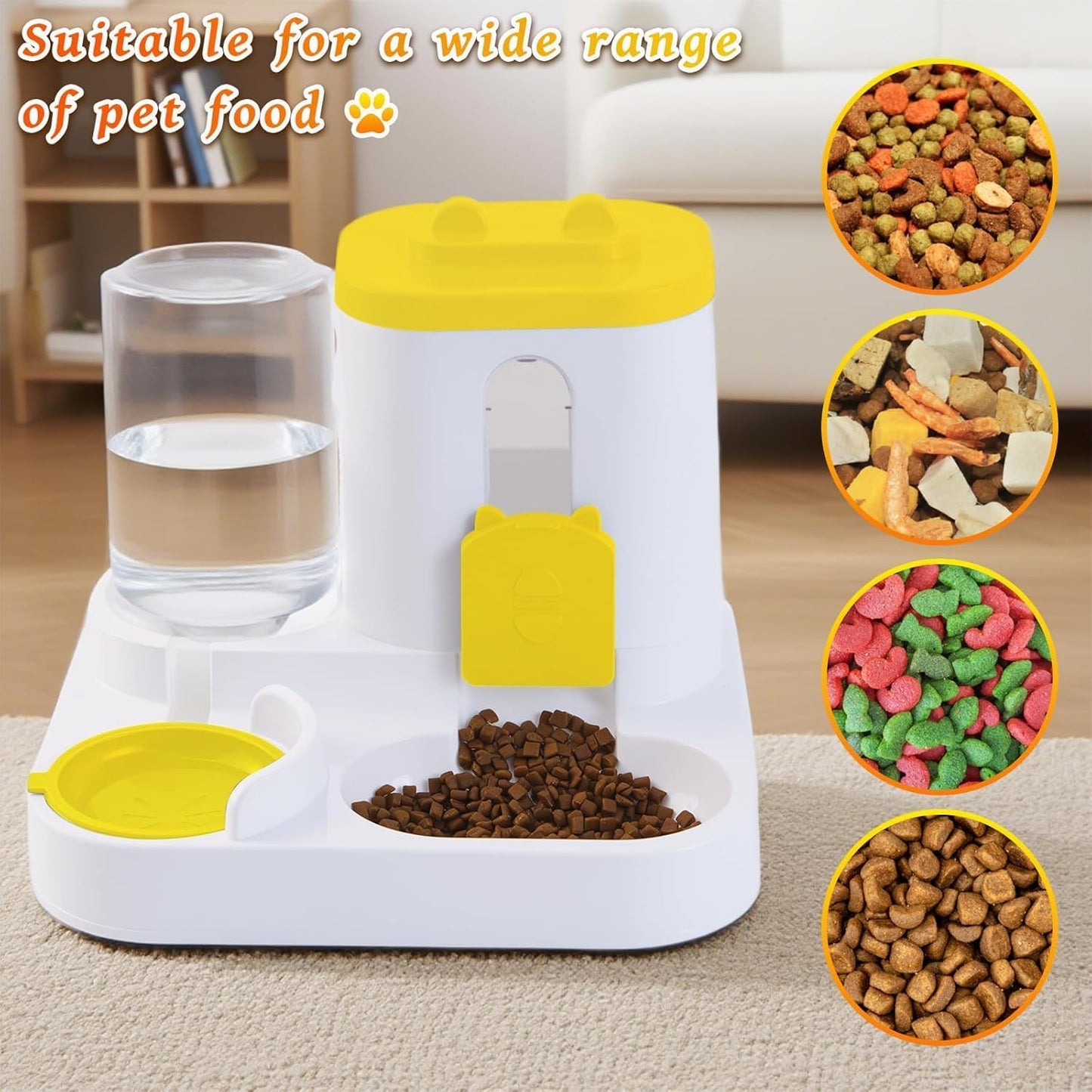 Cat Feeder and Water Dispenser, 2 in 1 Automatic Cat Feeder, 2 Pack Large Capacity Self Feeding for Small Medium Dog Puppy Kitten （Yellow）