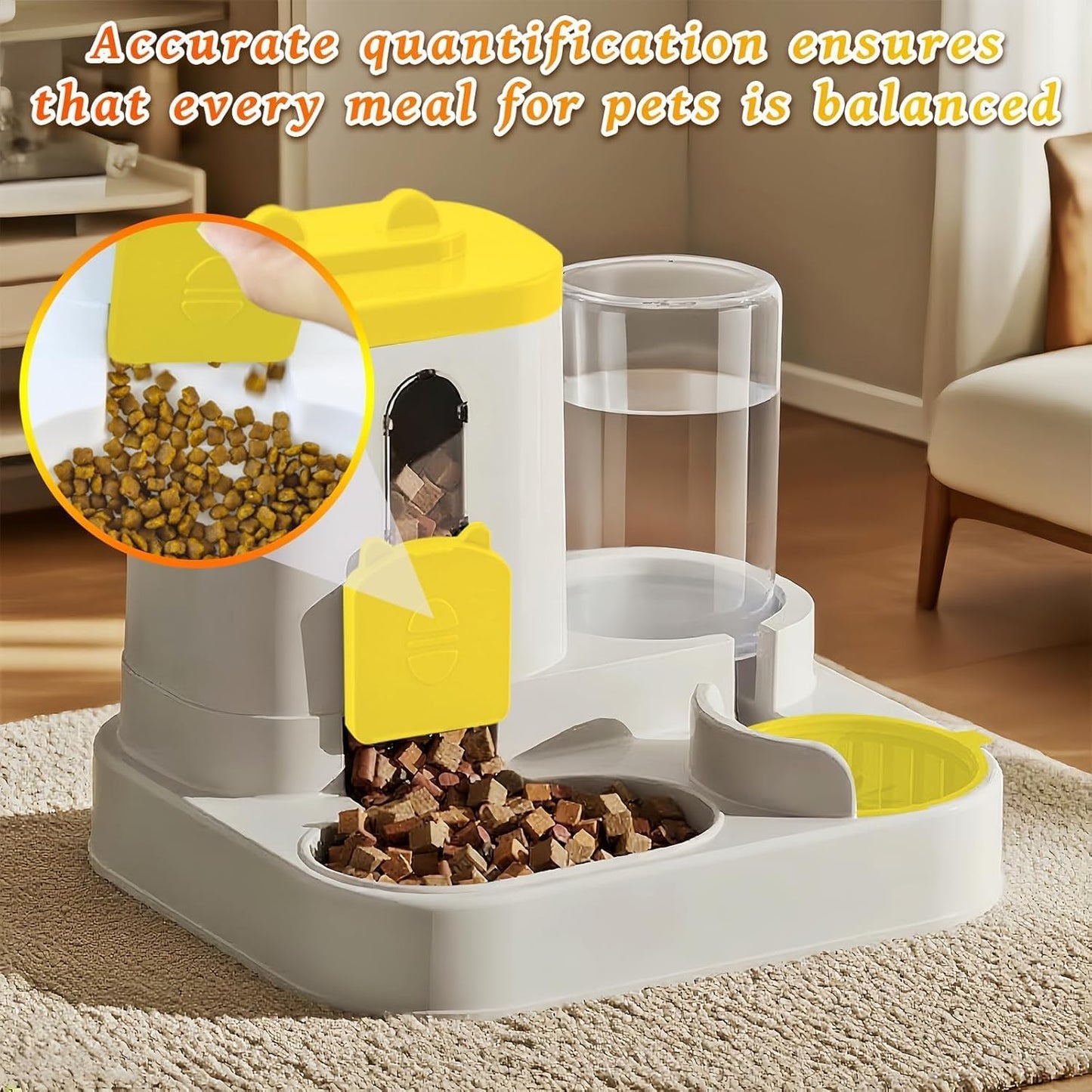 Cat Feeder and Water Dispenser, 2 in 1 Automatic Cat Feeder, 2 Pack Large Capacity Self Feeding for Small Medium Dog Puppy Kitten （Yellow）