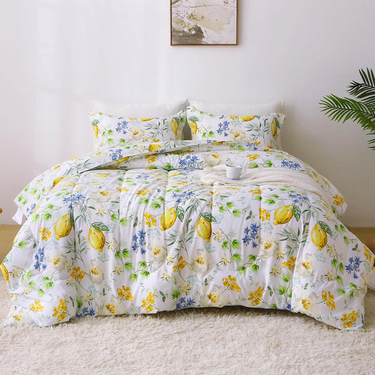 Floral Twin Size Comforter Sets, Lemon Blossoms Patterned Bed in a Bag for All Seasons, 2-Piece Farmhouse Rustic Bedding Set with Fluffy Quilted Reversible Comforter & Pillow Sham