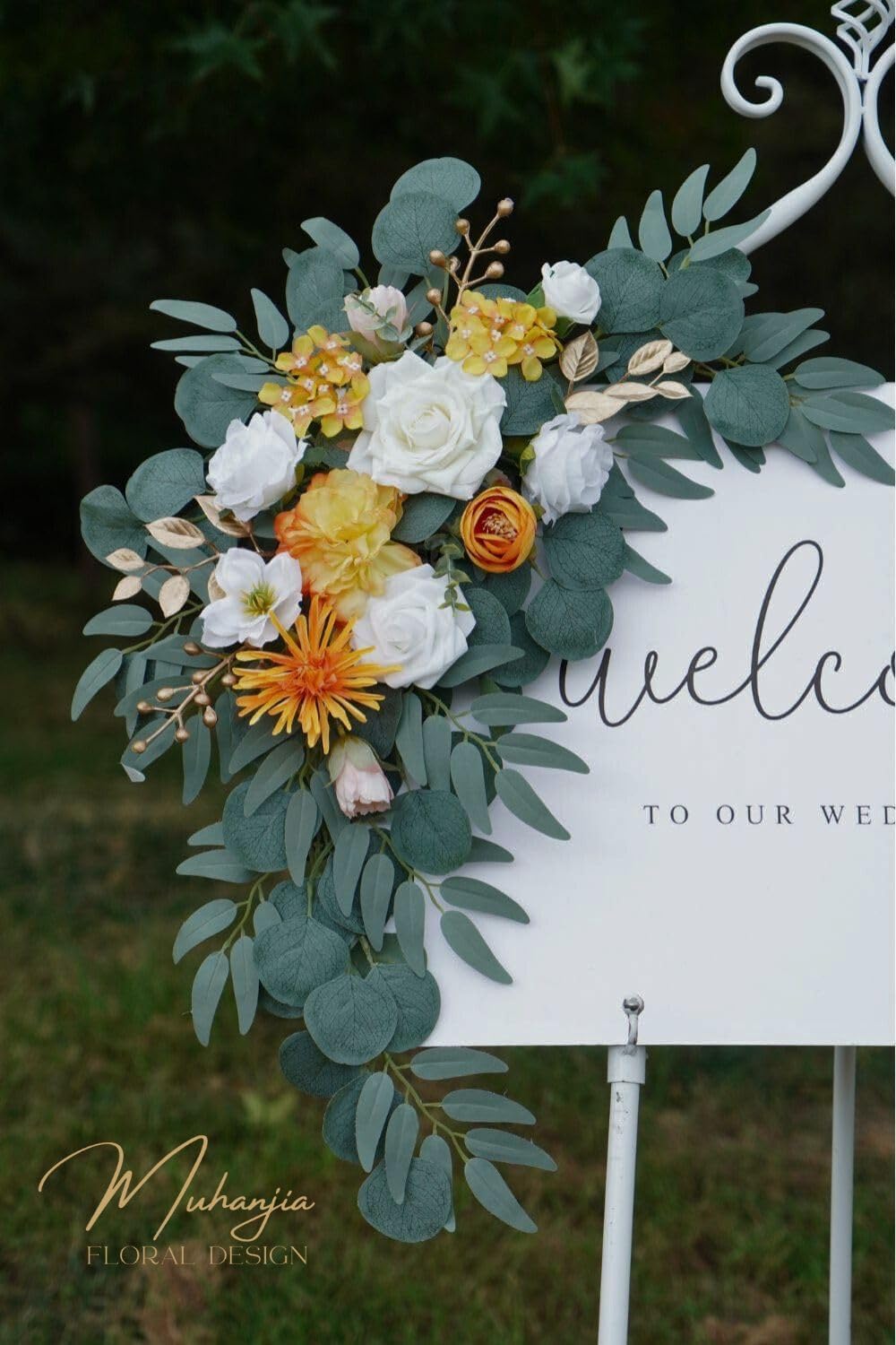 Wedding Sign Faux Flower Swag (Pack of 2) for Ceremony Party Reception Entrance Floral Decor Wall Easel Stand for Wedding Poster Welcome Sign (Bright Yellow)