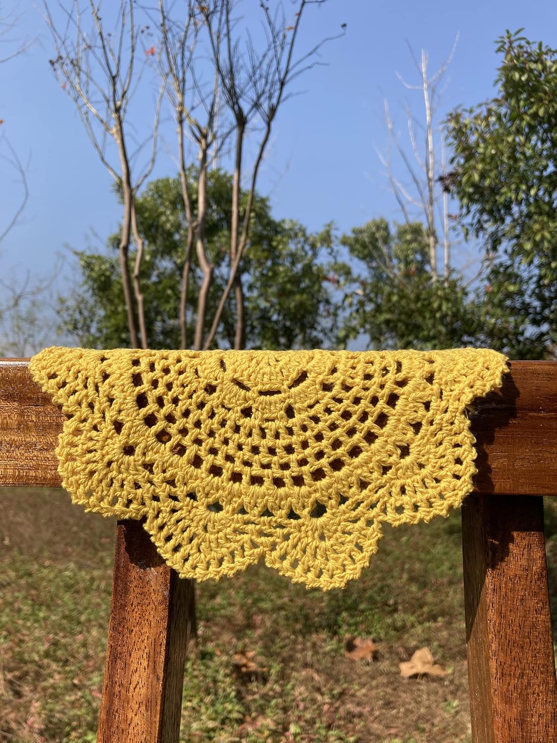 Yellow Round 8 inch Crocheted Cotton Doily Floral Design Fabric Doilies Pack,Set of 2 Dollies Crochet Table Place Mats for Christmas Table Decoration