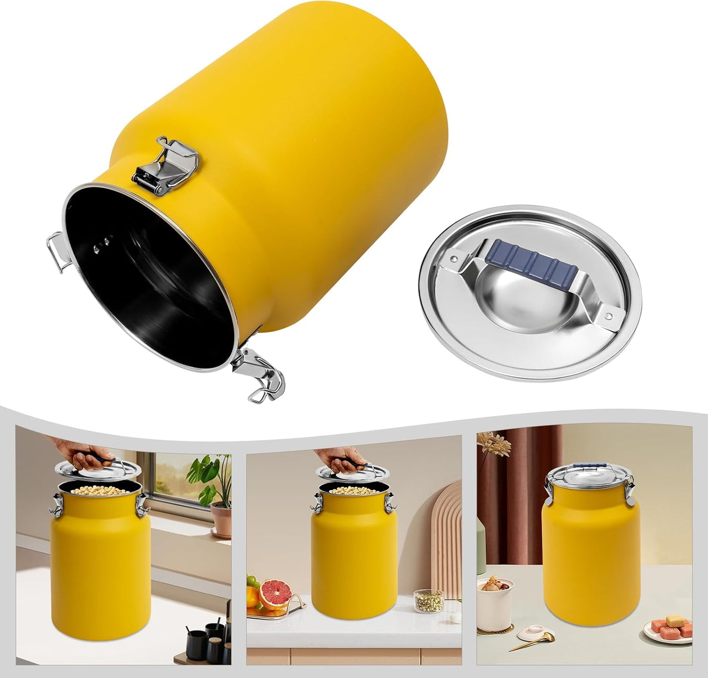 Rice Storage Container, Stainless Steel Airtight Canister, 3.17 Gal Food Storage Container, Round Rice Dispenser for Flour Bean Rice Milk Grain, Pet Food - Easy-Clean (Yellow)