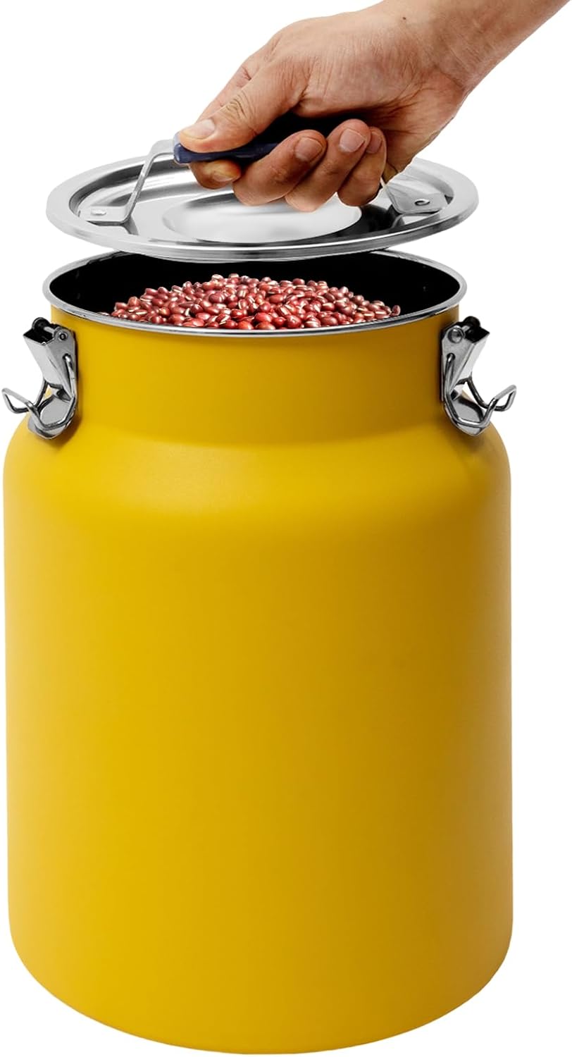 Rice Storage Container, Stainless Steel Airtight Canister, 3.17 Gal Food Storage Container, Round Rice Dispenser for Flour Bean Rice Milk Grain, Pet Food - Easy-Clean (Yellow)