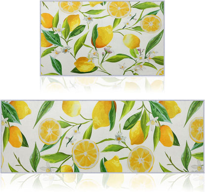 2 Pieces Lemon Kitchen Rugs Set Farmhouse Kitchen Rugs Fruit Runner Mat Non Slip Rubber Backing Area Mat Lemon Doormat Washable Indoor Outdoor Mats Country Decor, 17'' x 30'', 17'' x 47''