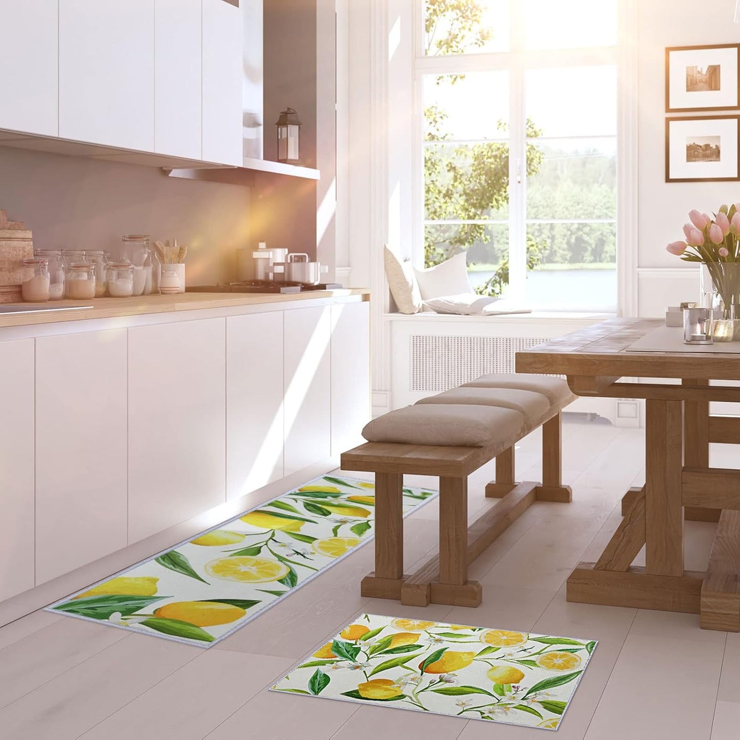 2 Pieces Lemon Kitchen Rugs Set Farmhouse Kitchen Rugs Fruit Runner Mat Non Slip Rubber Backing Area Mat Lemon Doormat Washable Indoor Outdoor Mats Country Decor, 17'' x 30'', 17'' x 47''