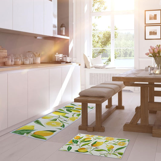 2 Pieces Lemon Kitchen Rugs Set Farmhouse Kitchen Rugs Fruit Runner Mat Non Slip Rubber Backing Area Mat Lemon Doormat Washable Indoor Outdoor Mats Country Decor, 17'' x 30'', 17'' x 47''