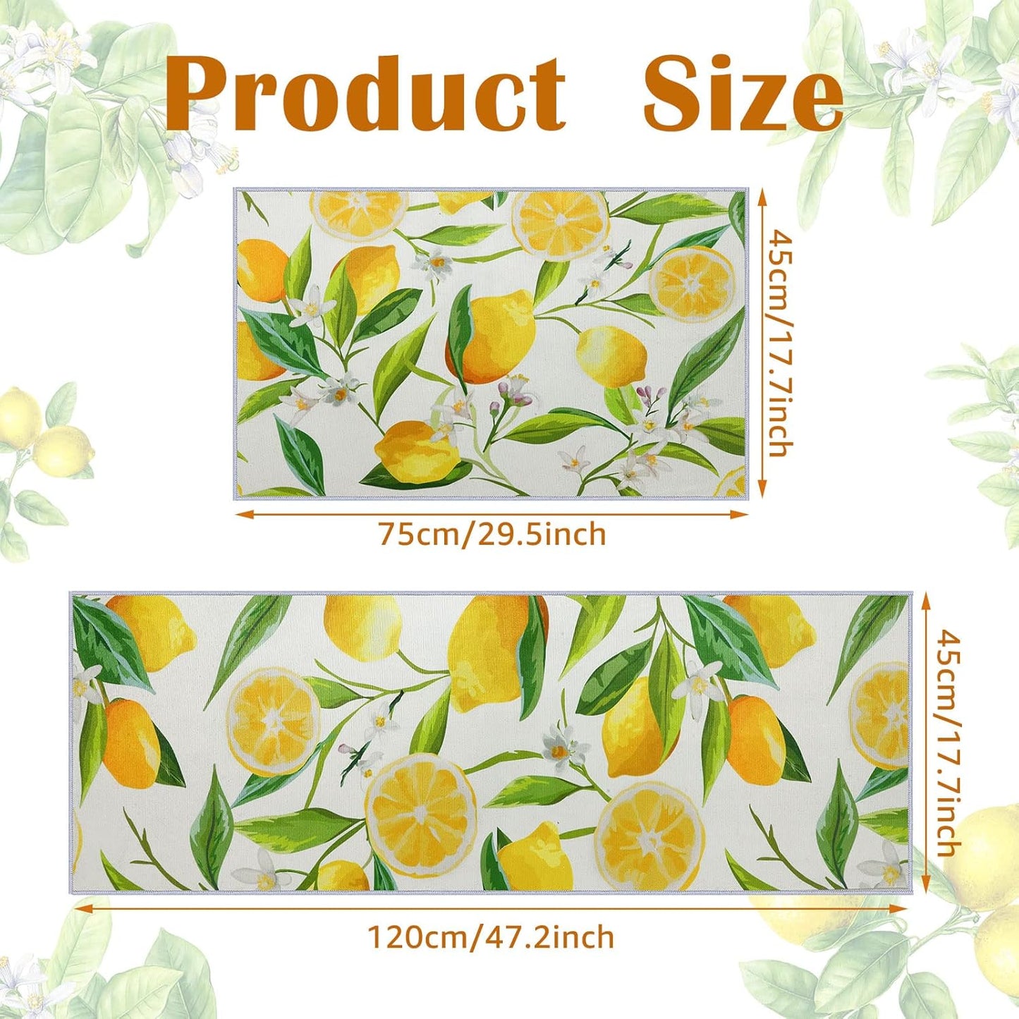 2 Pieces Lemon Kitchen Rugs Set Farmhouse Kitchen Rugs Fruit Runner Mat Non Slip Rubber Backing Area Mat Lemon Doormat Washable Indoor Outdoor Mats Country Decor, 17'' x 30'', 17'' x 47''