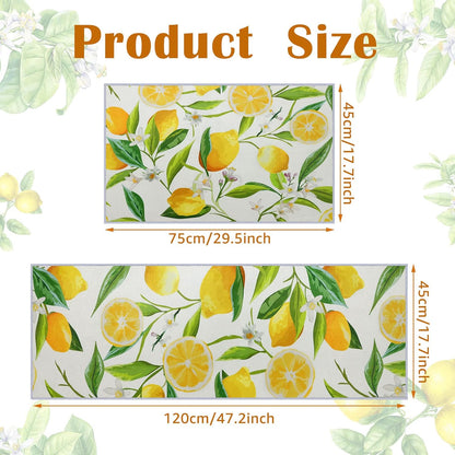 2 Pieces Lemon Kitchen Rugs Set Farmhouse Kitchen Rugs Fruit Runner Mat Non Slip Rubber Backing Area Mat Lemon Doormat Washable Indoor Outdoor Mats Country Decor, 17'' x 30'', 17'' x 47''