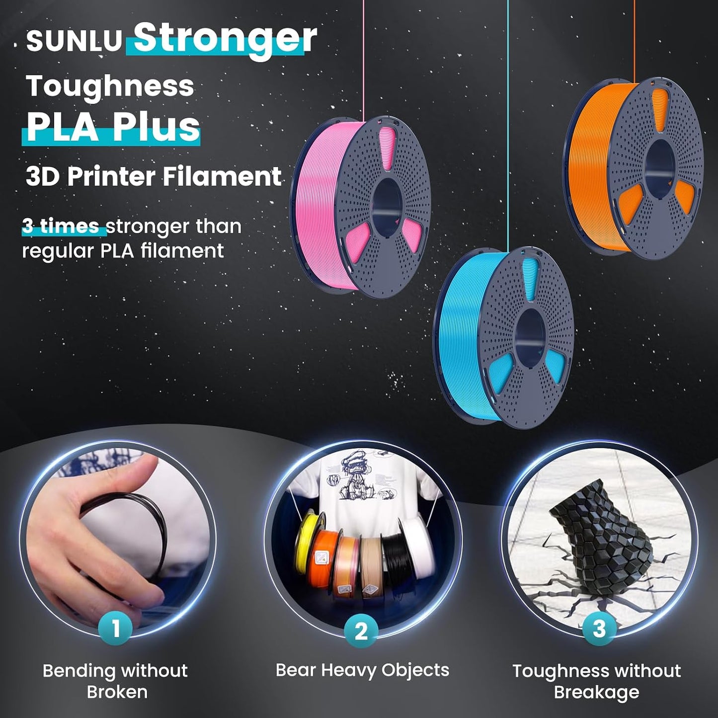 PLA Plus 3D Printer Filament, 1.75mm, 10 Colors | 3D Printer Filament Bundle, Neatly Wound, For Most 3D Printer, 10 Colors, 1kg Spool