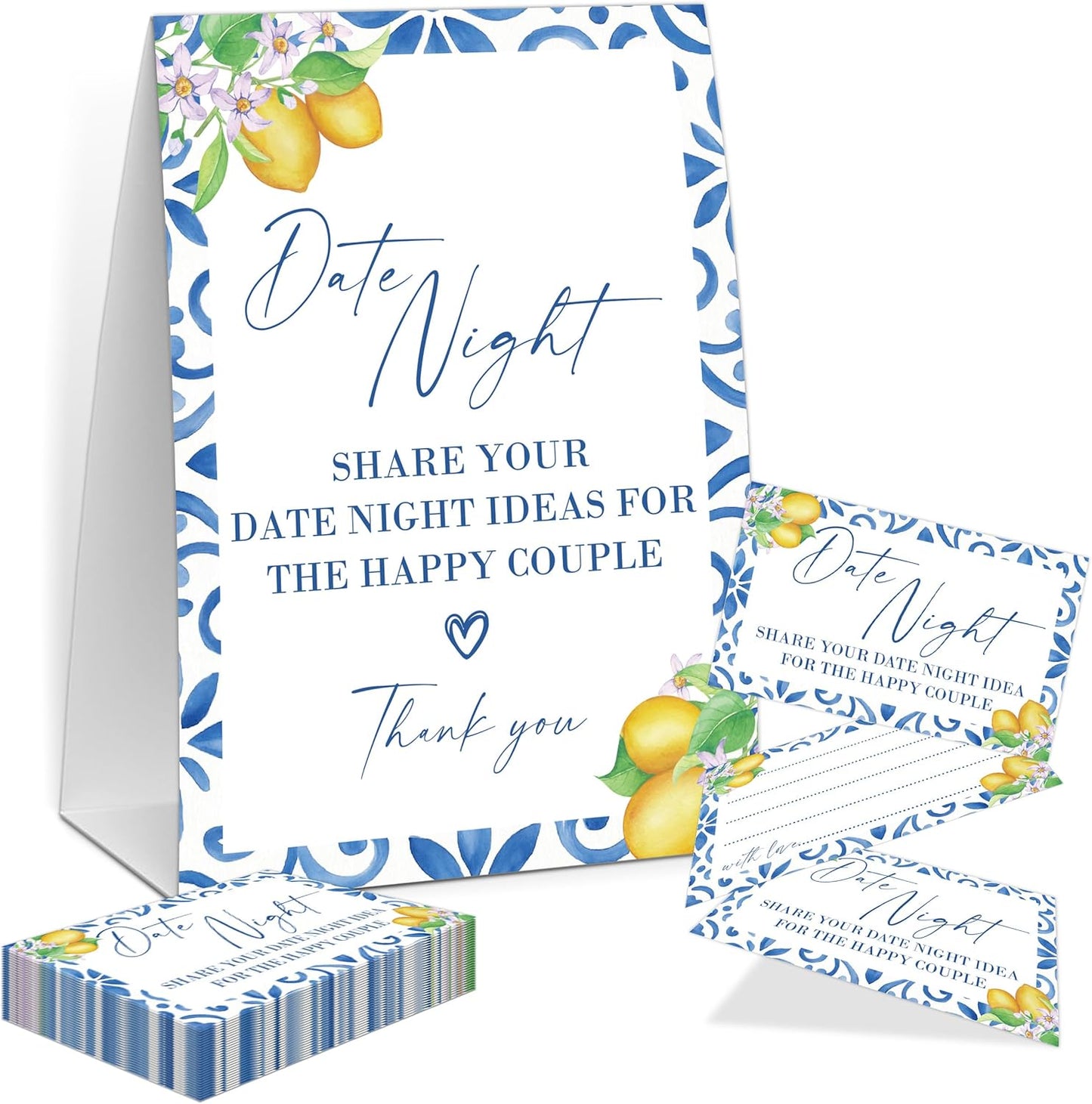 Mediterranean Lemon Date Night Idea Game, Bridal Shower Game, Include One 5×7 Sign and 50 Date Night Idea Cards, Wedding Shower Games, Bachelorette Party Decorations - NIG06