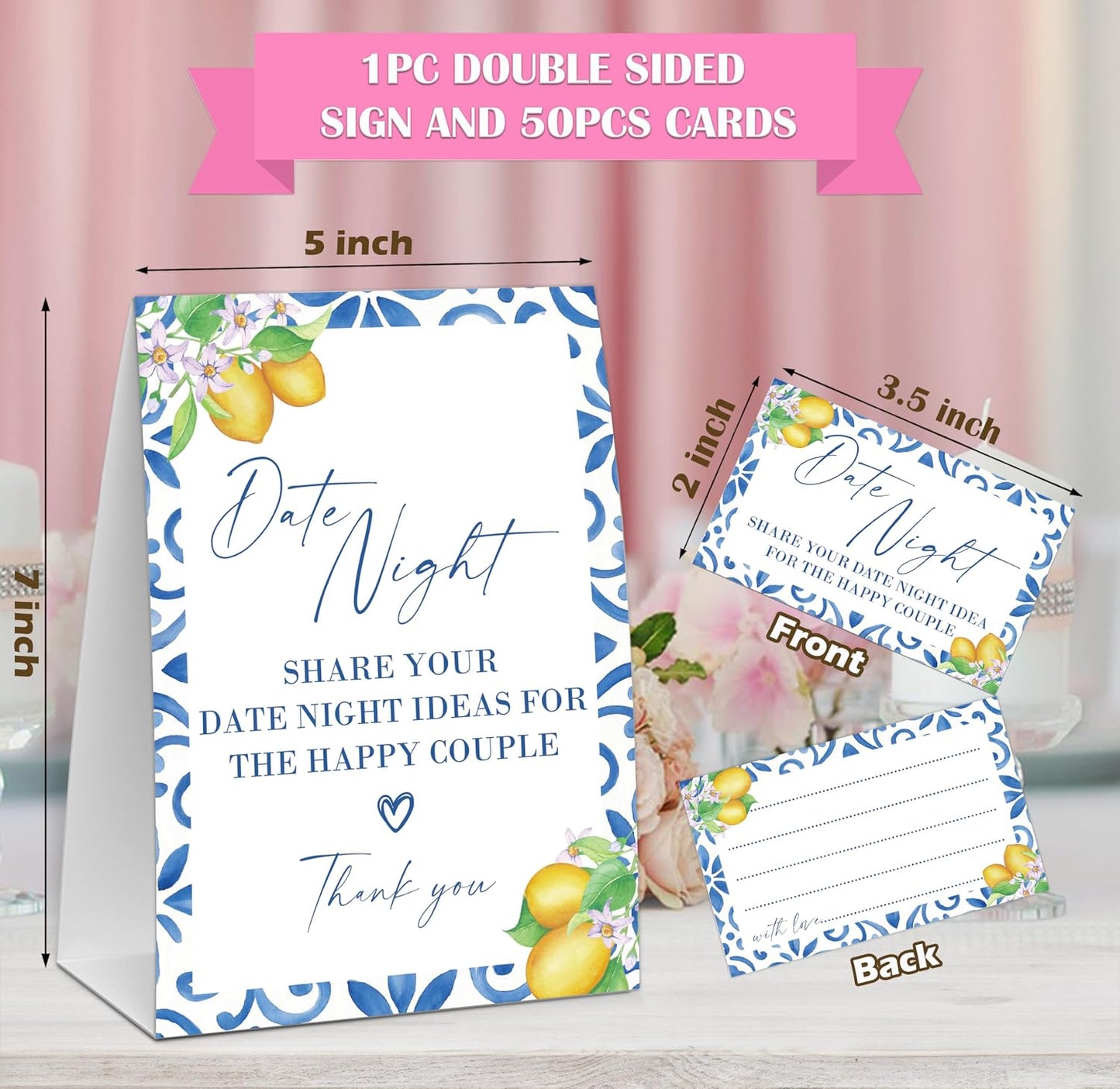 Mediterranean Lemon Date Night Idea Game, Bridal Shower Game, Include One 5×7 Sign and 50 Date Night Idea Cards, Wedding Shower Games, Bachelorette Party Decorations - NIG06