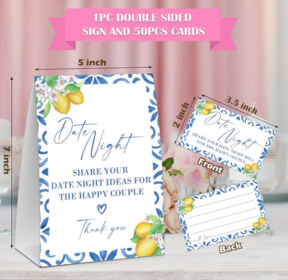 Mediterranean Lemon Date Night Idea Game, Bridal Shower Game, Include One 5×7 Sign and 50 Date Night Idea Cards, Wedding Shower Games, Bachelorette Party Decorations - NIG06