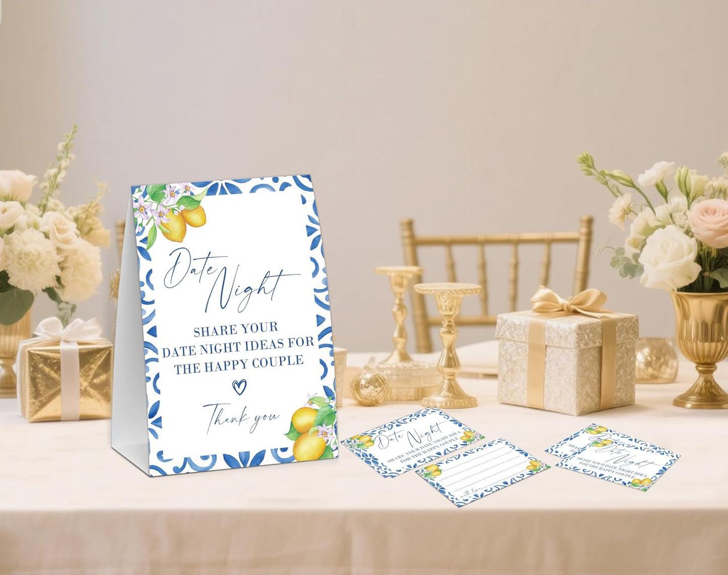 Mediterranean Lemon Date Night Idea Game, Bridal Shower Game, Include One 5×7 Sign and 50 Date Night Idea Cards, Wedding Shower Games, Bachelorette Party Decorations - NIG06
