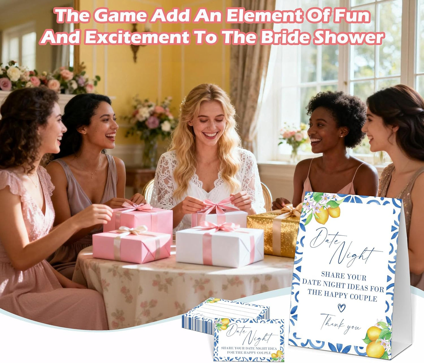 Mediterranean Lemon Date Night Idea Game, Bridal Shower Game, Include One 5×7 Sign and 50 Date Night Idea Cards, Wedding Shower Games, Bachelorette Party Decorations - NIG06