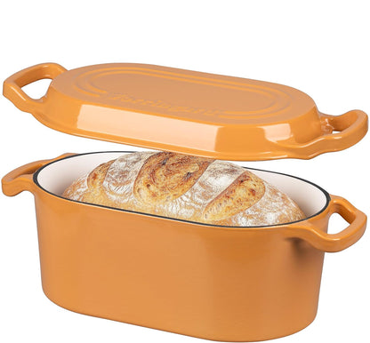 Oval Dutch Oven Pot with Lid, Enamel Coating Cast Iron Bread Pans for Homemade Sourdough Bread Baking, Cooking, 4 Quart, Yellow