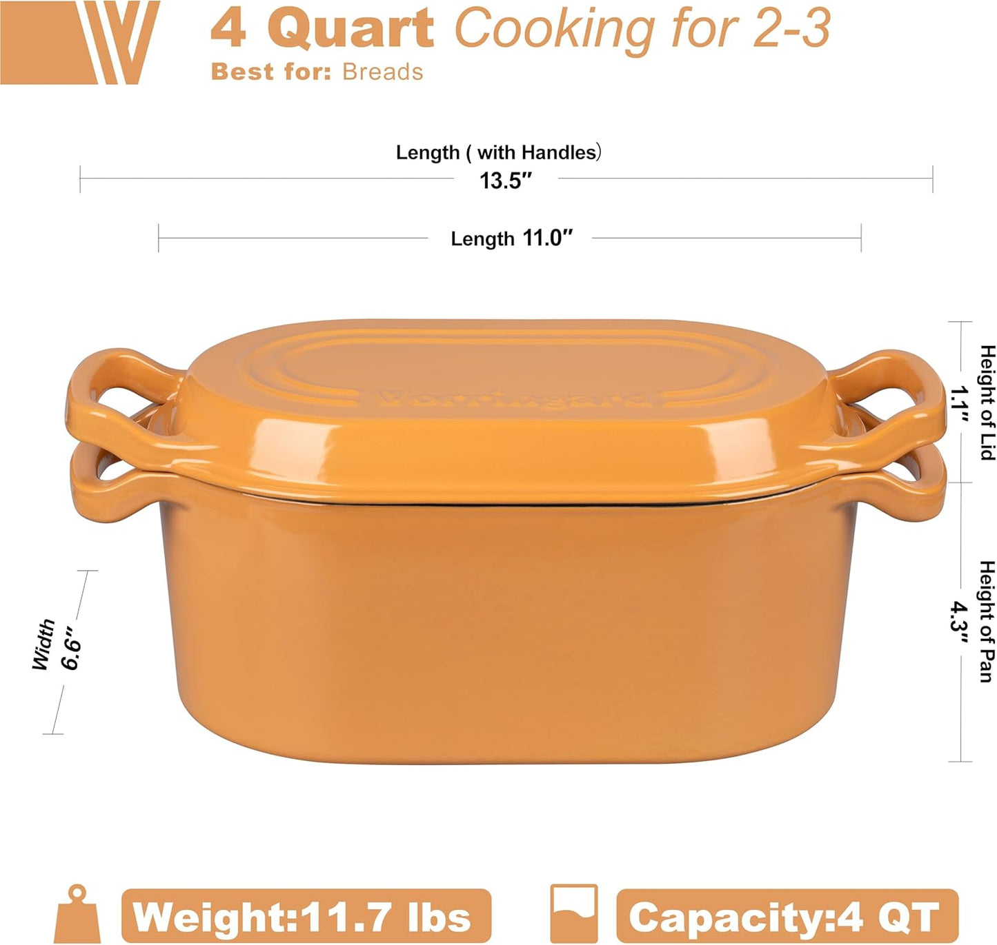 Oval Dutch Oven Pot with Lid, Enamel Coating Cast Iron Bread Pans for Homemade Sourdough Bread Baking, Cooking, 4 Quart, Yellow