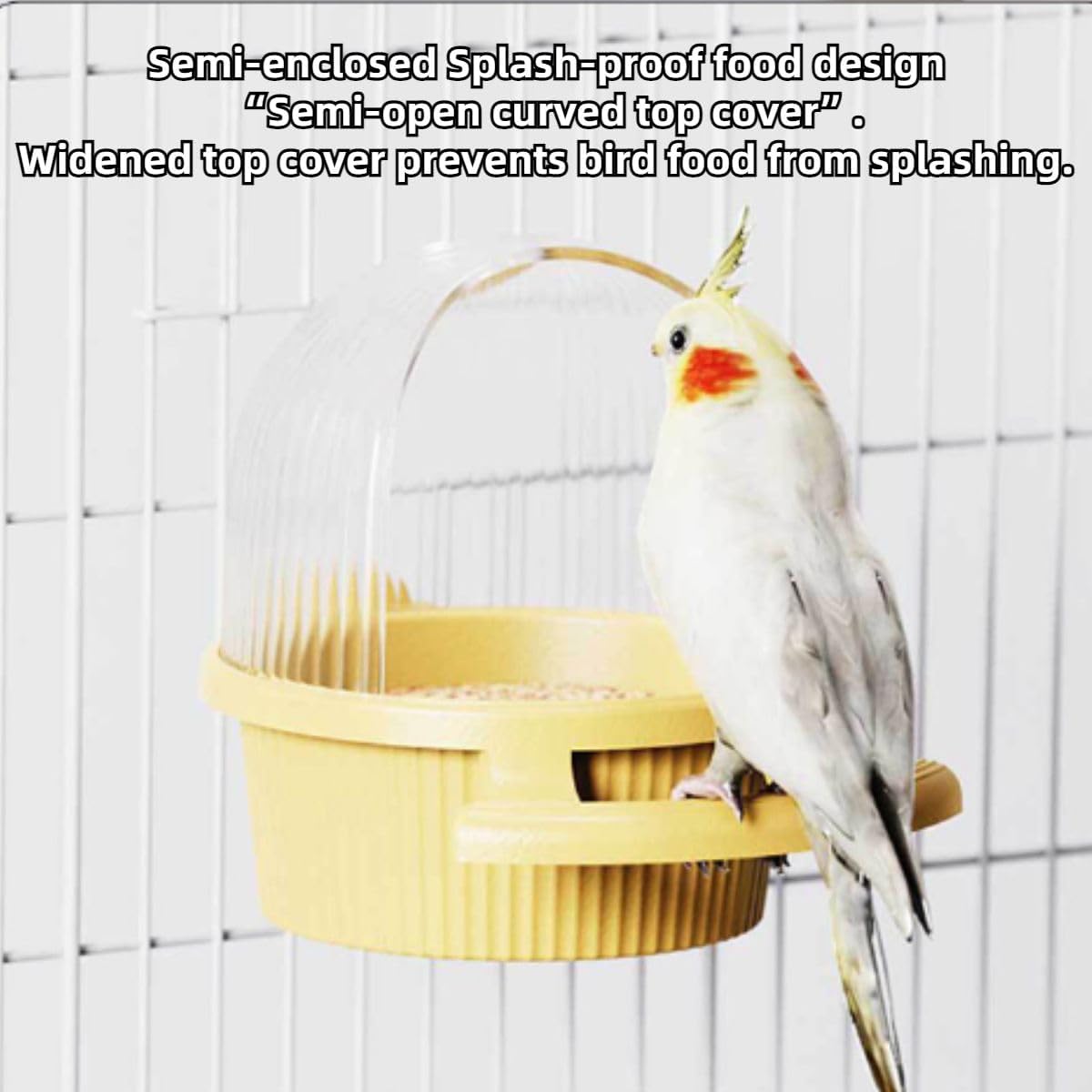 Bird Feeder for Cage – No Mess Feeder & Water Dispenser, Easy to Install and Clean, Semi-Enclosed Design Prevents Splashing (Yellow)