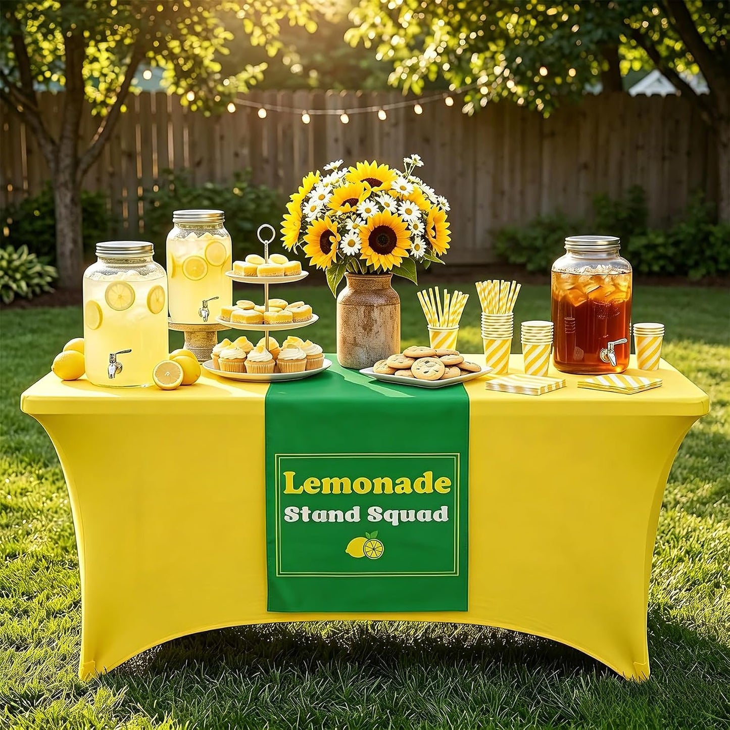 6ft Lemonade Stand Tablecloth with Green Table Runner – Stretch Spandex Table Cover for Rectangle Folding Tables, Summer Gathering, Beach Picnic, Lemon Birthday Party Decor(Yellow)