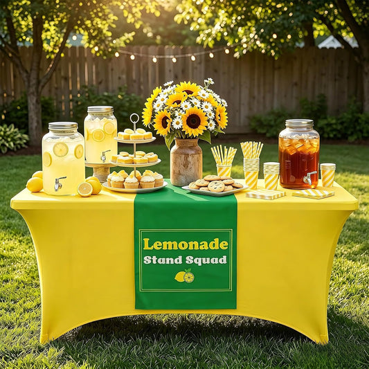 6ft Lemonade Stand Tablecloth with Green Table Runner – Stretch Spandex Table Cover for Rectangle Folding Tables, Summer Gathering, Beach Picnic, Lemon Birthday Party Decor(Yellow)