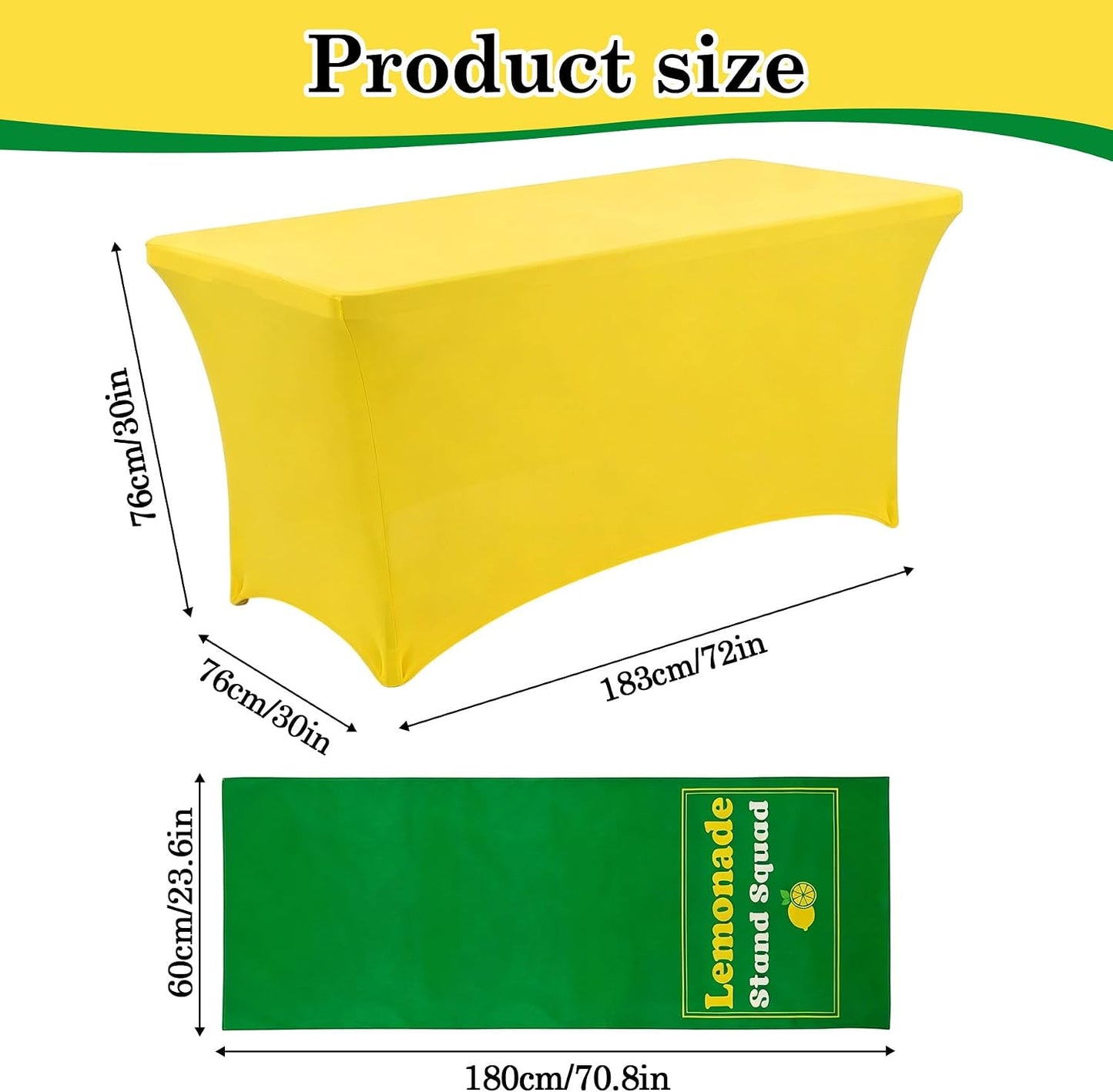 6ft Lemonade Stand Tablecloth with Green Table Runner – Stretch Spandex Table Cover for Rectangle Folding Tables, Summer Gathering, Beach Picnic, Lemon Birthday Party Decor(Yellow)