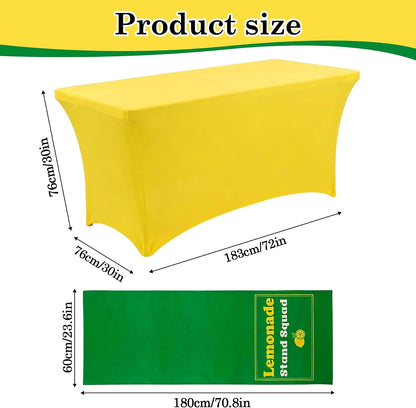 6ft Lemonade Stand Tablecloth with Green Table Runner – Stretch Spandex Table Cover for Rectangle Folding Tables, Summer Gathering, Beach Picnic, Lemon Birthday Party Decor(Yellow)