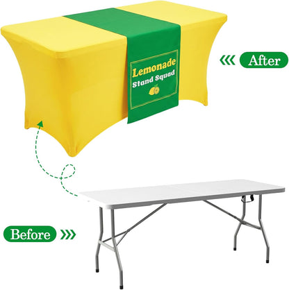 6ft Lemonade Stand Tablecloth with Green Table Runner – Stretch Spandex Table Cover for Rectangle Folding Tables, Summer Gathering, Beach Picnic, Lemon Birthday Party Decor(Yellow)