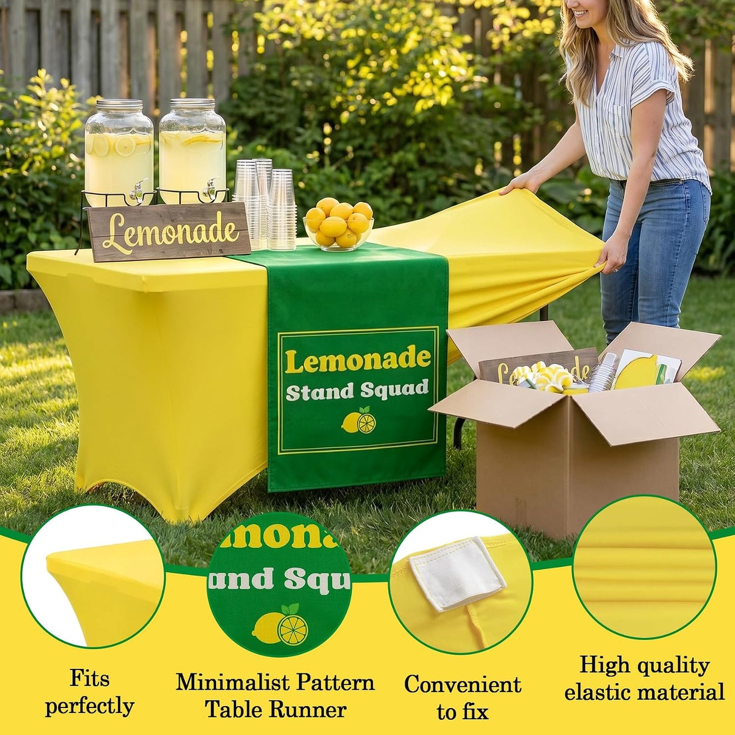 6ft Lemonade Stand Tablecloth with Green Table Runner – Stretch Spandex Table Cover for Rectangle Folding Tables, Summer Gathering, Beach Picnic, Lemon Birthday Party Decor(Yellow)