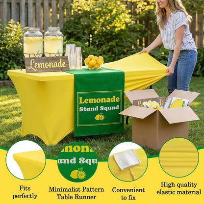 6ft Lemonade Stand Tablecloth with Green Table Runner – Stretch Spandex Table Cover for Rectangle Folding Tables, Summer Gathering, Beach Picnic, Lemon Birthday Party Decor(Yellow)