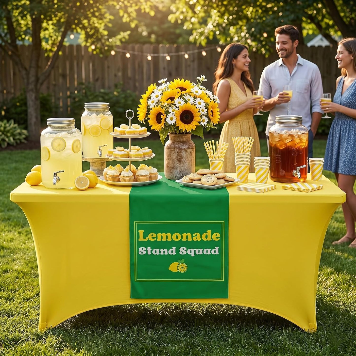 6ft Lemonade Stand Tablecloth with Green Table Runner – Stretch Spandex Table Cover for Rectangle Folding Tables, Summer Gathering, Beach Picnic, Lemon Birthday Party Decor(Yellow)