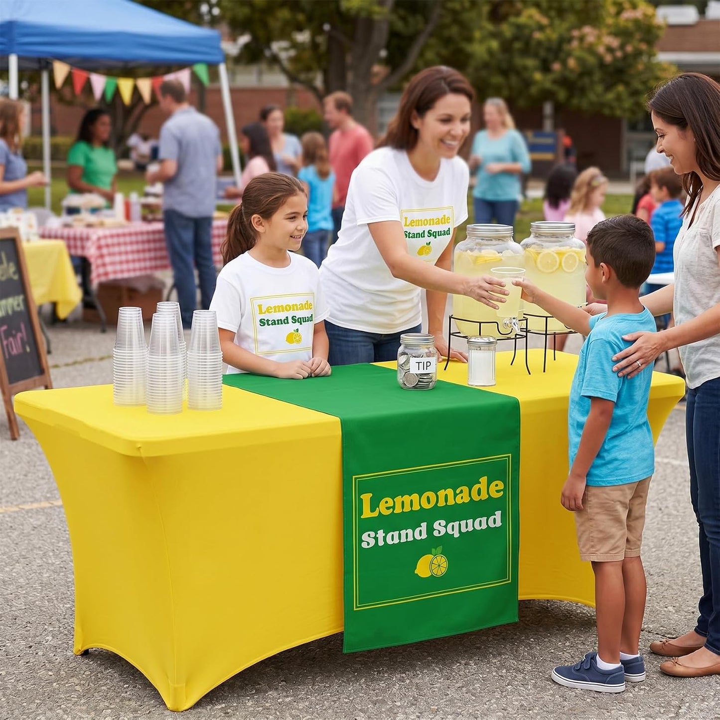 6ft Lemonade Stand Tablecloth with Green Table Runner – Stretch Spandex Table Cover for Rectangle Folding Tables, Summer Gathering, Beach Picnic, Lemon Birthday Party Decor(Yellow)