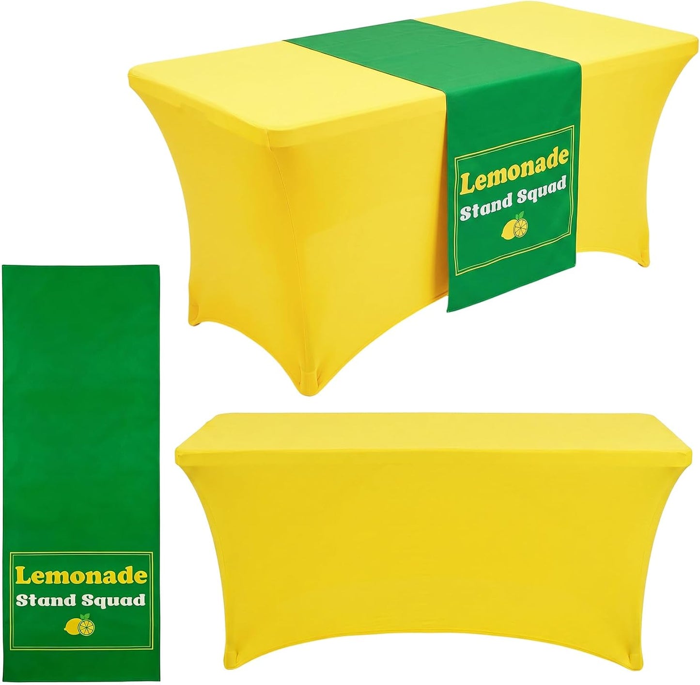 6ft Lemonade Stand Tablecloth with Green Table Runner – Stretch Spandex Table Cover for Rectangle Folding Tables, Summer Gathering, Beach Picnic, Lemon Birthday Party Decor(Yellow)