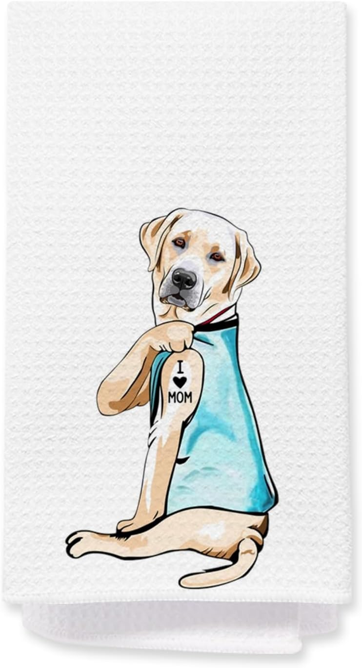 Funny Labrador Kitchen Towels, Yellow Labrador Retriever Gifts Dish Tea Towels for Kitchen, I Love Mom Tattooed Lab Dog Decorative Hand Towel for Bathroom, 16x24 Inch
