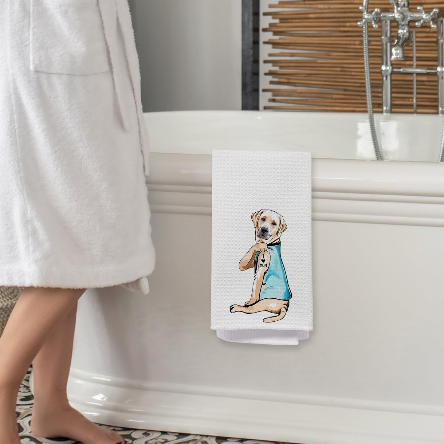 Funny Labrador Kitchen Towels, Yellow Labrador Retriever Gifts Dish Tea Towels for Kitchen, I Love Mom Tattooed Lab Dog Decorative Hand Towel for Bathroom, 16x24 Inch