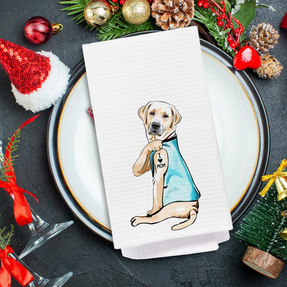 Funny Labrador Kitchen Towels, Yellow Labrador Retriever Gifts Dish Tea Towels for Kitchen, I Love Mom Tattooed Lab Dog Decorative Hand Towel for Bathroom, 16x24 Inch