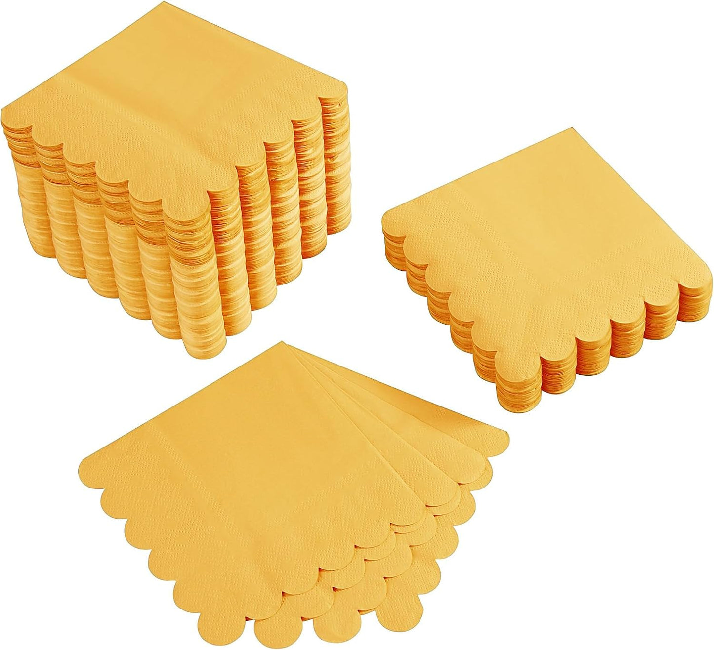100 Pack Cocktail Napkin 2-Ply Scalloped Edged Yellow Napkins 5 x 5IN | Disposable Napkins for Dinner Wedding Birthday Party, Bridal Anniversary Reception Event