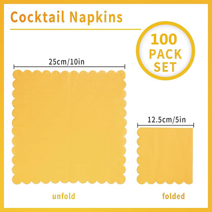 100 Pack Cocktail Napkin 2-Ply Scalloped Edged Yellow Napkins 5 x 5IN | Disposable Napkins for Dinner Wedding Birthday Party, Bridal Anniversary Reception Event