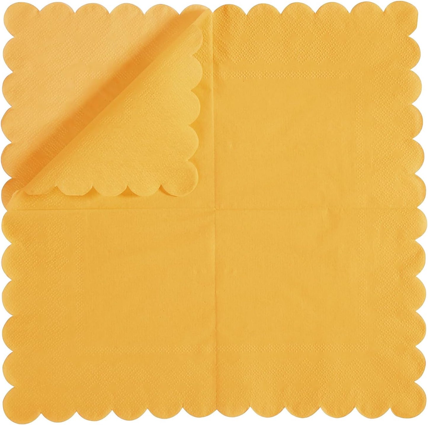 100 Pack Cocktail Napkin 2-Ply Scalloped Edged Yellow Napkins 5 x 5IN | Disposable Napkins for Dinner Wedding Birthday Party, Bridal Anniversary Reception Event