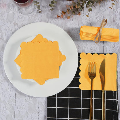 100 Pack Cocktail Napkin 2-Ply Scalloped Edged Yellow Napkins 5 x 5IN | Disposable Napkins for Dinner Wedding Birthday Party, Bridal Anniversary Reception Event