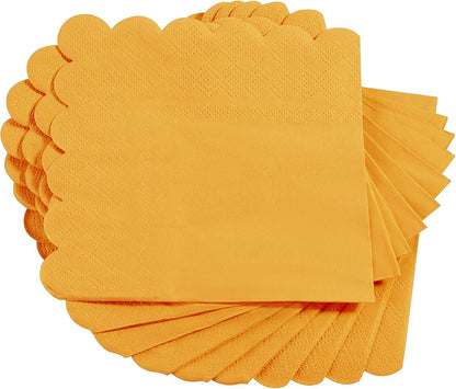 100 Pack Cocktail Napkin 2-Ply Scalloped Edged Yellow Napkins 5 x 5IN | Disposable Napkins for Dinner Wedding Birthday Party, Bridal Anniversary Reception Event