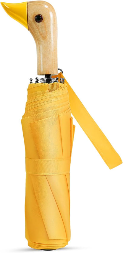 Cute Duck Handle Umbrella Compact Travel Wood Handle Folding for Rain | Cute duck handle for commute/school/trips, daily rain & gifts. Easy to carry with 17 inch fold, 42 inch arc
