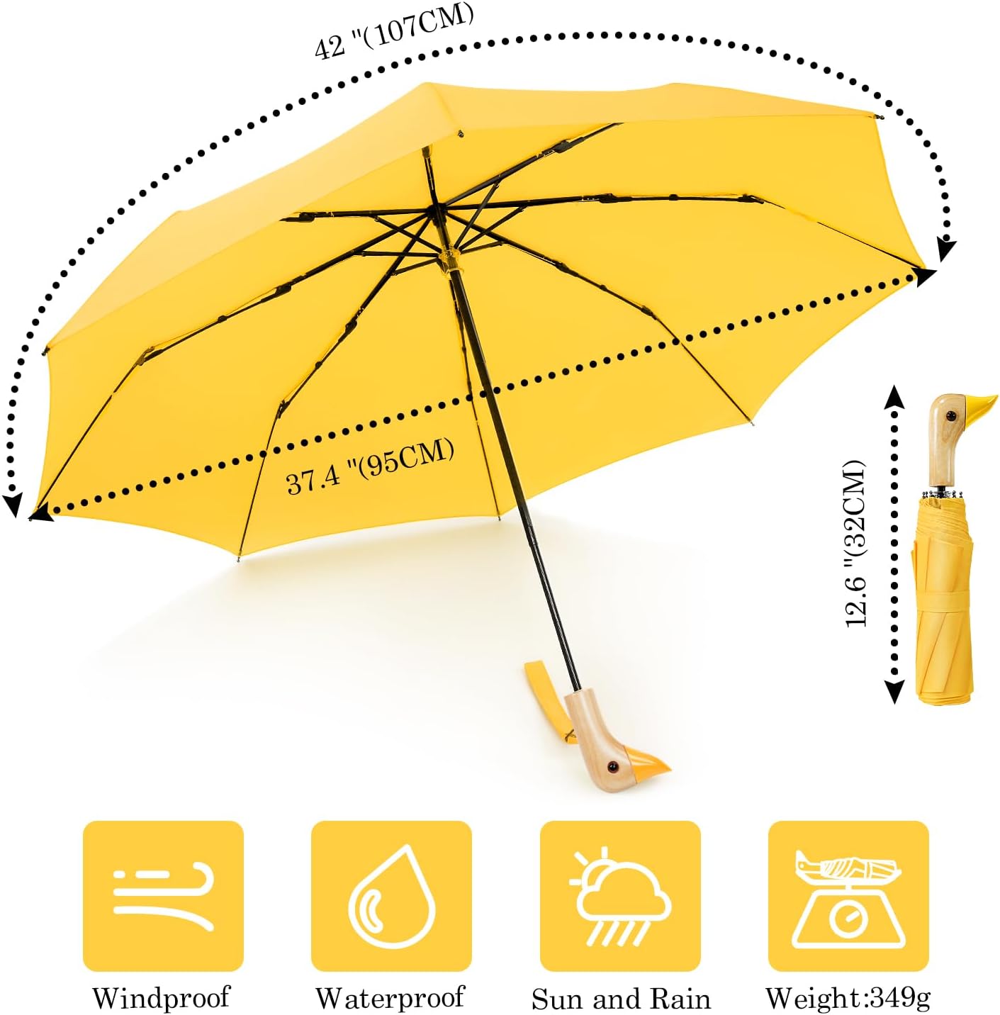 Cute Duck Handle Umbrella Compact Travel Wood Handle Folding for Rain | Cute duck handle for commute/school/trips, daily rain & gifts. Easy to carry with 17 inch fold, 42 inch arc