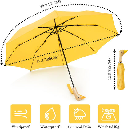 Cute Duck Handle Umbrella Compact Travel Wood Handle Folding for Rain | Cute duck handle for commute/school/trips, daily rain & gifts. Easy to carry with 17 inch fold, 42 inch arc