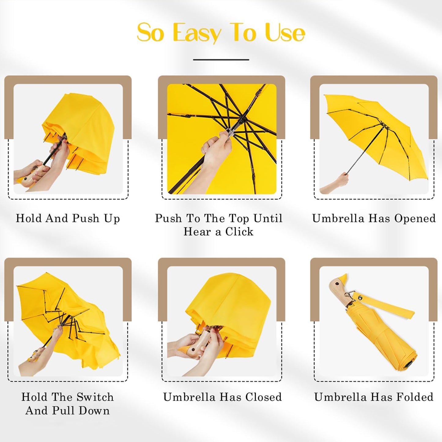 Cute Duck Handle Umbrella Compact Travel Wood Handle Folding for Rain | Cute duck handle for commute/school/trips, daily rain & gifts. Easy to carry with 17 inch fold, 42 inch arc