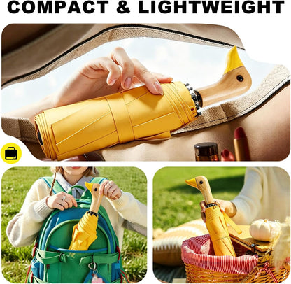 Cute Duck Handle Umbrella Compact Travel Wood Handle Folding for Rain | Cute duck handle for commute/school/trips, daily rain & gifts. Easy to carry with 17 inch fold, 42 inch arc