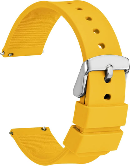 WOCCI 14mm Silicone Watch Band, Quick Release Rubber Replacement Strap with Silver Stainless Steel Buckle (Yellow)
