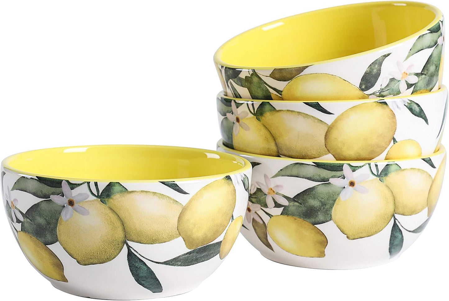 Lemon Dreams Cereal Bowls Set of 4, 26 oz Deep Ceramic Soup Bowls for Cereal, Salad, Noodles, Kitchen, Microwave and Dishwasher Safe, Gift for Housewarming and Thanksgiving